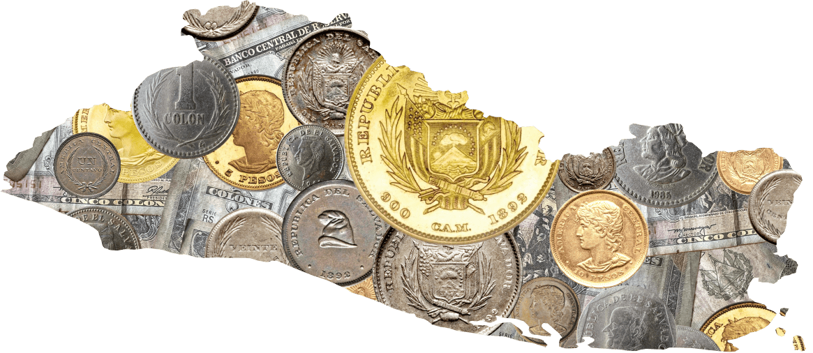 The map of El Salvador except its all covered in different types of its past currencies